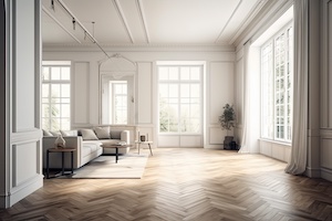 Illustration mock up of a contemporary classic white vacant home with herringbone parquet. Generative AI